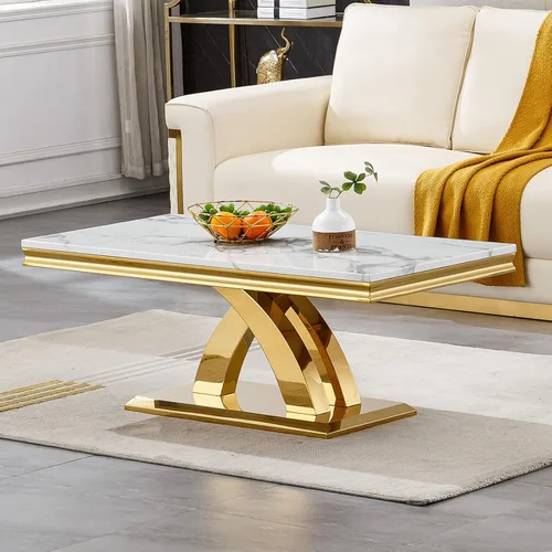 Vista 34 de Mesa de centro de mármol negro Henf de lujo, mesa auxiliar rectangular de mármol sintético de imitación con base de acero inoxidable dorado