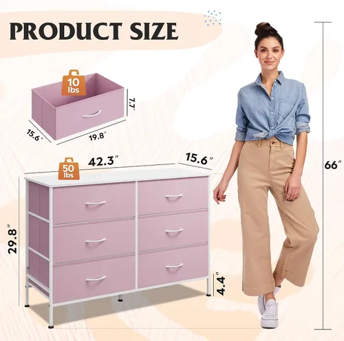 Vista 3 de WLIVE Cómoda de tela rosa para dormitorio, cómoda de 6 cajones, cómoda