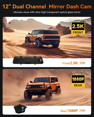 Vista 5 de WOLFBOX G840H Cámara de salpicadero con espejo de 12'' con ADAS y BSD, cámara de espejo retrovisor 2.5K delantera y trasera, WiFi de 5.8GHz, control