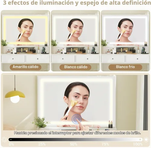 Vista 3 de Escritorio de maquillaje con espejo y luces, juego de mesa de tocador con 4 cajones de almacenamiento y estantes para espacios pequeños, tocador