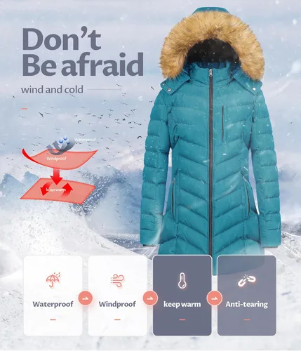 Vista 6 de CREATMO US Abrigo de invierno con capucha para mujer, impermeable, cálido, largo acolchado, parka Azul (Acid Blue)