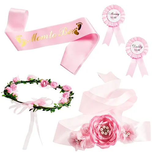 Vista 8 de Xinnun Kit de 5 bandas de maternidad para baby shower, banda de hombro y alfiler, corona de flores, corona de flores, banda para embarazo, tocado