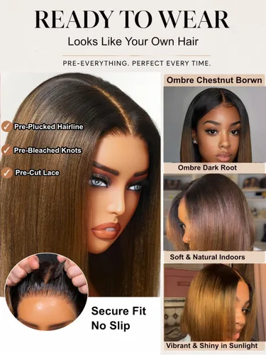 Vista 3 de UNICE Bye Bye Knots - Peluca de encaje precortada Yaki de 7 x 5, cabello humano castaño degradado, sin pegamento, previamente despuntada, nudos