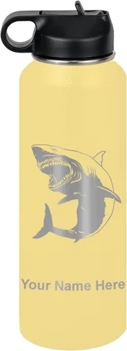Vista 69 de LaserGram Botella de agua personalizada, gran tiburón blanco, acero inoxidable de doble pared aislada al vacío con popote superior, regalo grabado