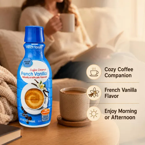Vista 6 de Crema de café de vainilla francesa, botella de 32 onzas líquidas, crema líquida dulce y cremosa para café con cuchara de gemas de café D.A.