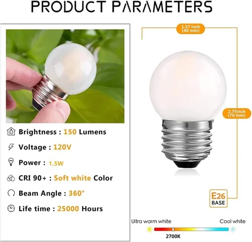 Vista 5 de Bombillas LED G40 E26, 1.5 W de bajo vatio, 2700 K blanco cálido, luz Escarchado