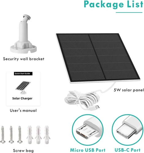 Vista 7 de Panel solar de 5 W para cámara de seguridad, panel solar USB para cámara de batería recargable DC 5 V para exteriores, paneles solares con puerto