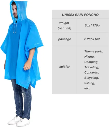 Vista 7 de Ponchos de lluvia para adultos, impermeable, portátil, reutilizable, paquete de 2 con capucha con cordón, se mantiene seco con estilo Azul