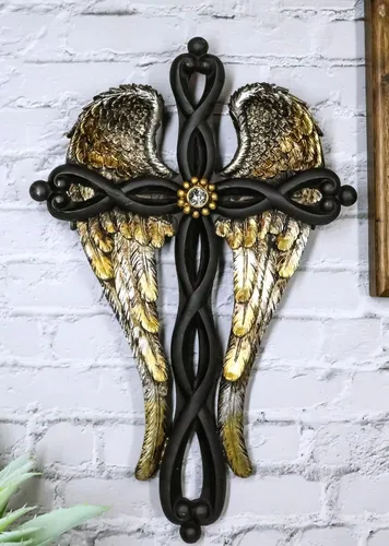 Vista 3 de Ebros Gift Alas de ángel dorado con nudo trenzado negro decoración cruz placa angelical diseño inspirador colgante cruces decorativas