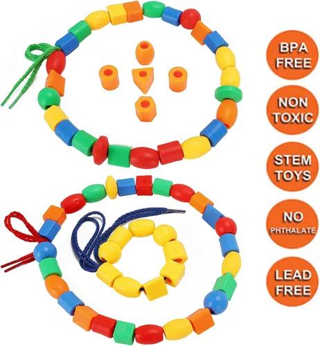 Vista 3 de BMTOYS Cuentas de cordones para niños, 70 cuentas de roscado, juguetes de terapia ocupacional para niños, habilidades motoras finas, actividades