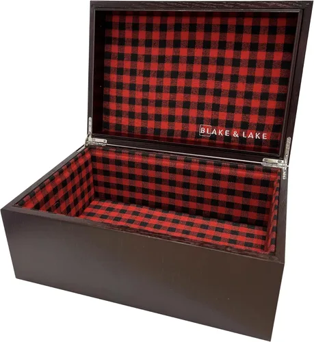 Vista 4 de Blake & Lake Caja grande de madera de roble para recuerdos, caja de almacenamiento forrada con cuadros de búfalo, cajas decorativas para el hogar
