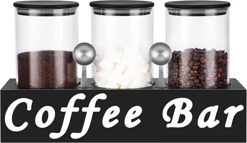 Vista 10 de ZOMUIA Rustic Modern Black - 2 tarros pequeños de almacenamiento de café de 44 onzas con estante, 2 recipientes de café de vidrio herméticos