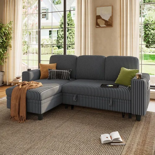 Vista 34 de LINSY HOME Sofá cama seccional con sofá cama extraíble para sala de estar (azul) Plush Corduroy