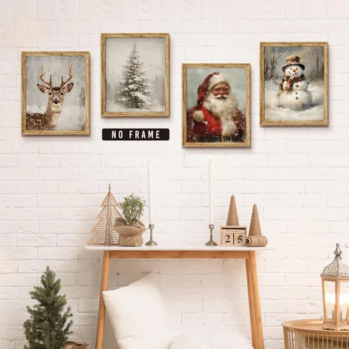 Vista 2 de LKETW Póster vintage de impresiones navideñas de invierno sin marco, juego de 4 unidades de 8x10 pulgadas, decoración de pared rústica de Papá Noel