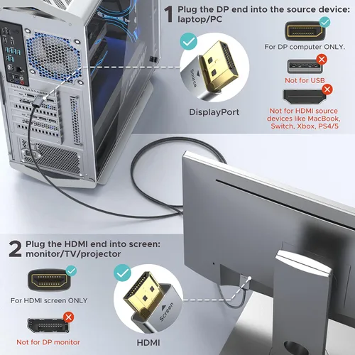 Vista 7 de Warrky Cable DisplayPort 4K a HDMI 3.3 pies [Caja de metal, cable de nylon] Transmisión unidireccional DP 1.2 computadora a pantalla HDMI 1.4