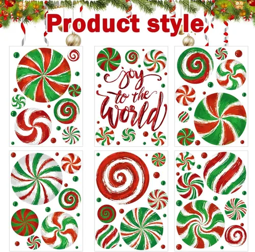 Vista 2 de DULEFUN Adhesivos de Navidad para ventana, calcomanías para ventana de caramelo, pintura al óleo, calcomanías de caramelo rojo y verde para fiesta