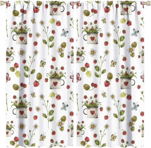 Vista 11 de Cortinas bohemias con diseño de fresas, bonitas cortinas bohemias con bolsillo para barra de fruta, tratamiento de ventana para cocina, sala
