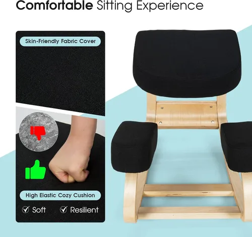 Vista 8 de Giantex Silla arrodillada, silla de postura de madera, carga máxima de 330 libras, mecedora con cojín suave, alivio natural para dolor de espalda