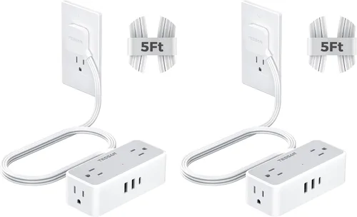 Vista 11 de Cable de extensión plano de 5 pies, TESSAN Regleta de protección contra sobretensiones con 4 tomas de CA ampliamente espaciadas, protección contra