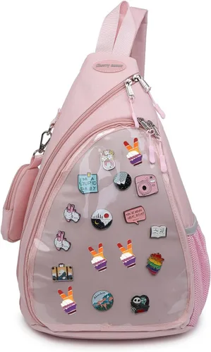 Vista 13 de Bolsa Oxford Ita Kawaii con Pin de Exhibición, Mochila Deportiva de Hombro Único, Mochila de Senderismo, Mochila de Día, Beige