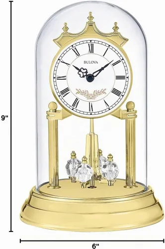 Vista 4 de Bulova B8821 Heather Anniversary Clock Diseño de cúpula de cristal de 9 pulgadas Péndulo de cristal giratorio Timbre Westminster Placa