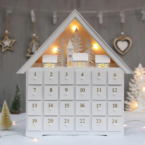 Vista 3 de Calendario de Adviento de madera de Navidad con 24 cajones, cuenta regresiva para Navidad para niños, decoración LED del hogar, 16.25 pulgadas