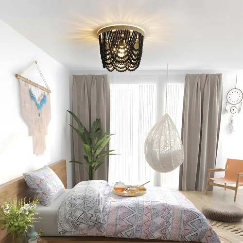 Vista 7 de RyalQ - Lámpara de techo con cuentas de madera negra de 3 luces, candelabro rústico bohemio pequeño, lámpara de techo de decoración vintage