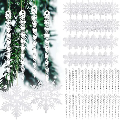 Vista 9 de Deekin 72 piezas adornos de carámbano de copo de nieve para árbol de Navidad, carámbanos torcidos de copo de nieve con purpurina, decoraciones