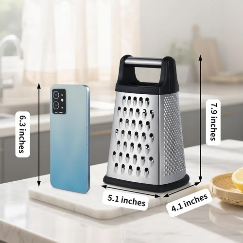 Vista 4 de Kaishun Rallador profesional de queso, rallador de caja de acero inoxidable de 4 caras, triturador de alimentos para queso, parmesano, verduras