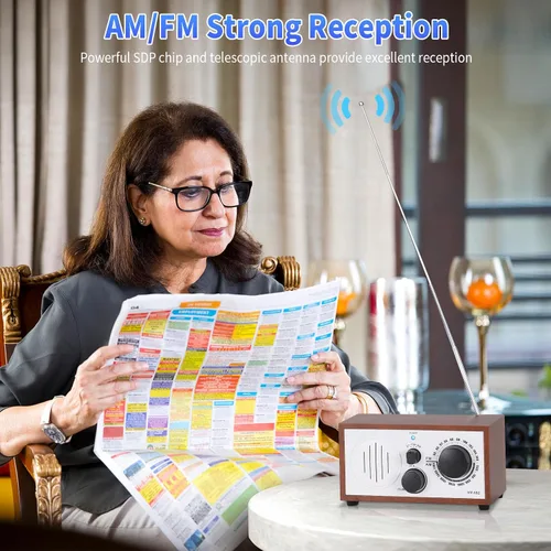 Vista 2 de Altavoz Bluetooth AM FM de madera vintage con enchufe de pared, diseño elegante y retro, altavoz Bluetooth con entrada auxiliar, conector
