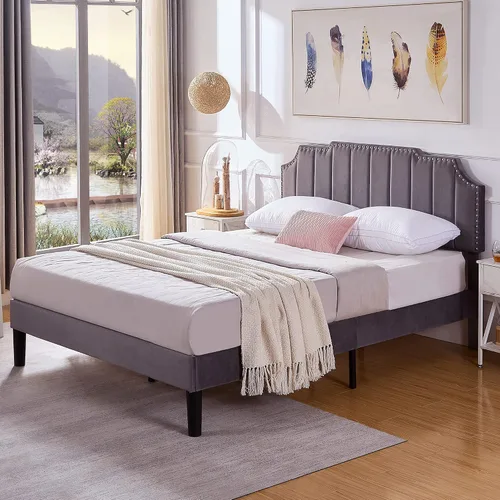 Vista 4 de VECELO Base de cama tapizada tamaño Queen con cabecera ajustable copetuda, base de colchón, soporte de listones de madera, fácil montaje, gris oscuro