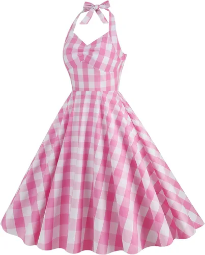 Vista 2 de Vestido de cosplay retro Rockabilly de los años 50 para mujer, vestido de cosplay floral halter Audrey Hepburn de los años 50 y 60