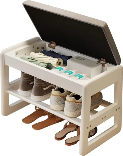 Vista 20 de AQIMUELE Banco pequeño para zapatos, banco de zapatos de 2 niveles con almacenamiento con tapa abatible, zapatero de madera para entrada, pasillo