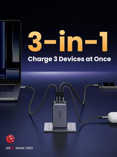 Vista 9 de UGREEN Nexode Cargador de pared GaN USB C de 65W, adaptador de corriente compacto plegable de 3 puertos y carga rápida para iPhone serie 17/16/15
