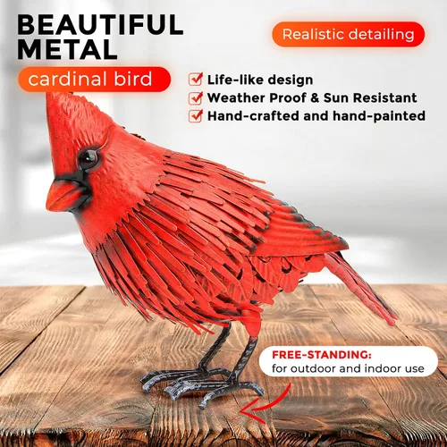 Vista 5 de Decoración de jardín de pájaro de metal con estatua cardenal, arte de metal para patio, esculturas y estatuas para exteriores, pájaro rojo grande