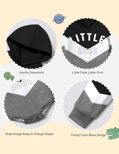 Vista 6 de Ropa para bebé niño, bloque de color, sudadera con capucha de gran tamaño, mameluco, pantalones largos, conjunto de trajes de otoño e invierno