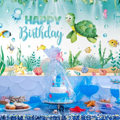 Vista 4 de Preboun Pancarta de fondo de cumpleaños de tortuga oceánica, decoración de fondo de fotos de animales marinos del océano para fiesta de cumpleaños