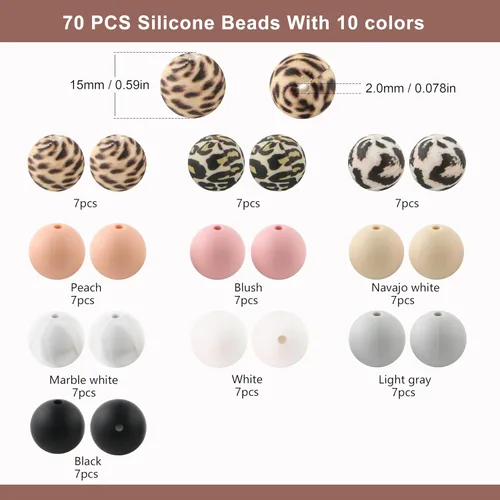 Vista 2 de 70 cuentas de silicona impresas para hacer llaveros, cuentas redondas de silicona de 0.59 pulgadas para hacer bolígrafos, collares y pulseras