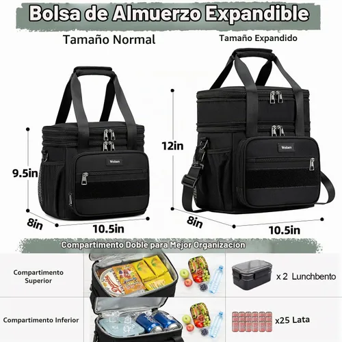 Vista 5 de Weitars Lonchera para hombres y mujeres, lonchera de doble compartimento, resistente, grande, aislada, bolsa de almuerzo táctica duradera con correa