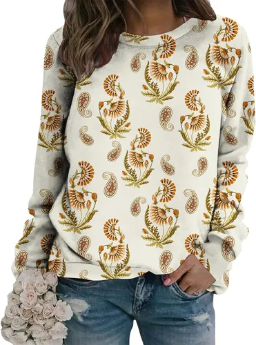 Vista 13 de Sudadera clásica de cuello redondo con patrón de flores boho para primavera y otoño, suave, cómoda, de inspiración retro, pieza de capas para mujer