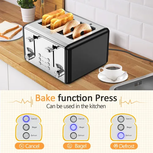 Vista 2 de whall 4 Slice Touch Screen Toaster, Stainless Steel Toasters Digital Timer, Dual Control Panel Toasters，6 Shade Settings＆6 Bread Types, Smart Wide