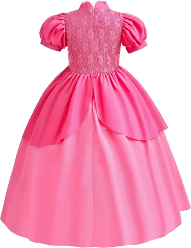 Vista 5 de MOAGIS Disfraz de princesa melocotón para niñas, disfraz de Halloween con guantes de corona, vestido rosa