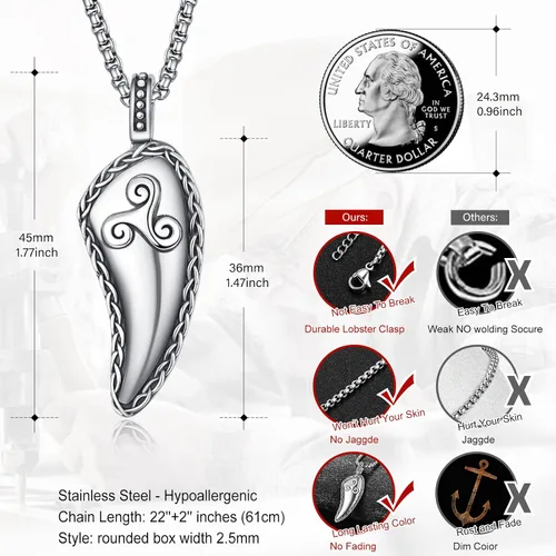 Vista 2 de Wolf Teeth Necklace Sterling Silver ValknutTriskele Viking Wolf Teeth Pendant Wolf Jewelry for Men Women