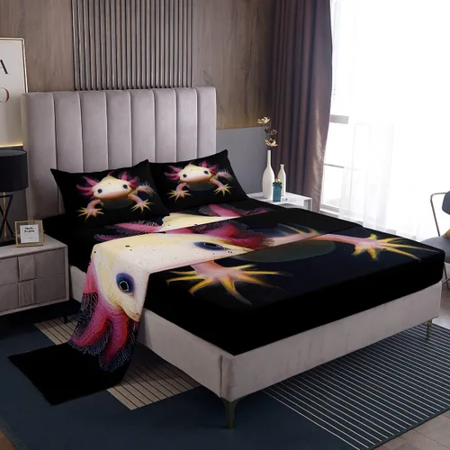 Vista 10 de Erosebridal Axolotl - Juego de ropa de cama tamaño individual, sábanas de ajolote de dibujos animados para mascotas, juego de sábanas