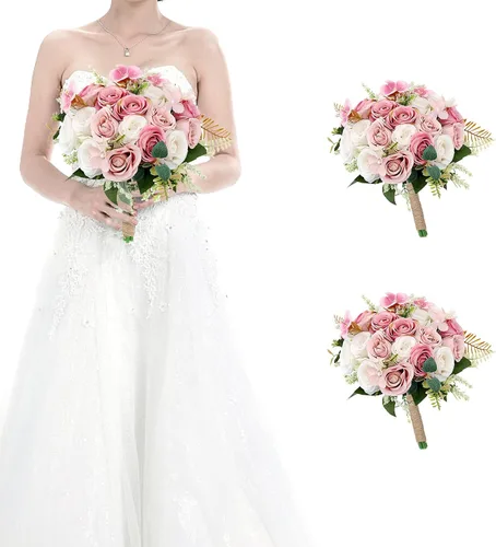 Vista 20 de Ramos para dama de honor para boda - Ramo de flores artificiales de 7 pulgadas para fiesta, ceremonia, aniversario, centros de mesa para mesa de Azul