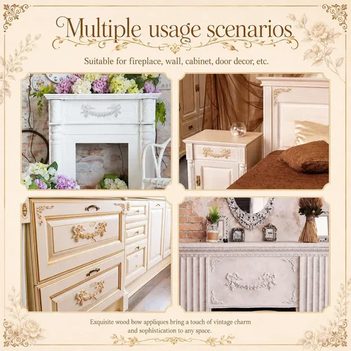Vista 5 de Yalikop 5 piezas de apliques de arco de madera, apliques decorativos de arco de madera para muebles, rosa para puerta de cama, pared, armario