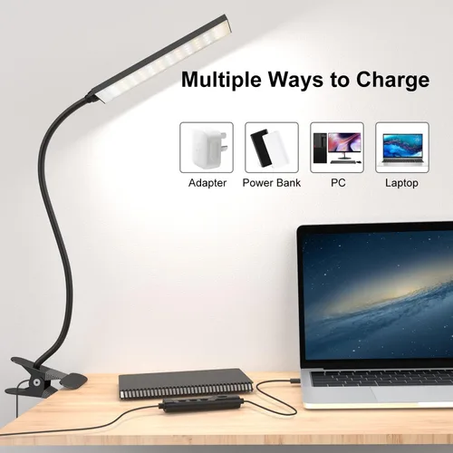 Vista 6 de Lámpara de escritorio LED, clip USB de 5 W, lámpara de mesa con abrazadera de lectura para cuidado de los ojos con 48 luces LED, cuello flexible, 3