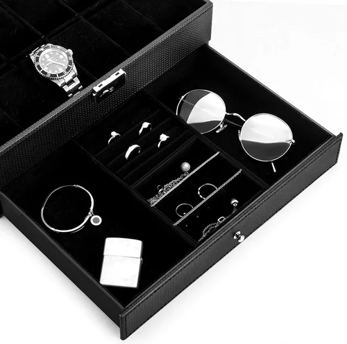 Vista 6 de Oyydecor Caja de reloj con 12 ranuras, organizador de relojes, organizador de joyas con cajón de joyería para almacenamiento y exhibición