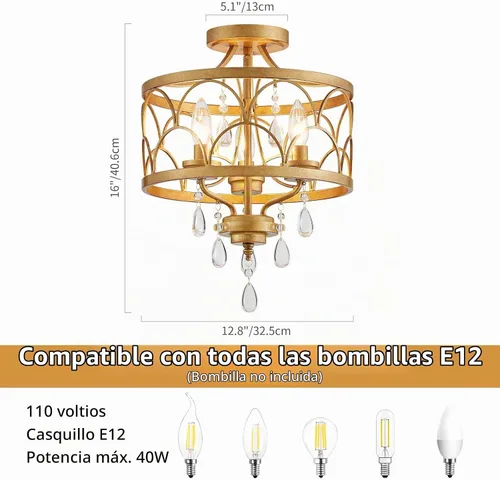 Vista 4 de Lámpara de techo de cristal, moderna lámpara de araña pequeña, lámpara de techo semiempotrada dorada de granja, accesorios de iluminación de pasillo