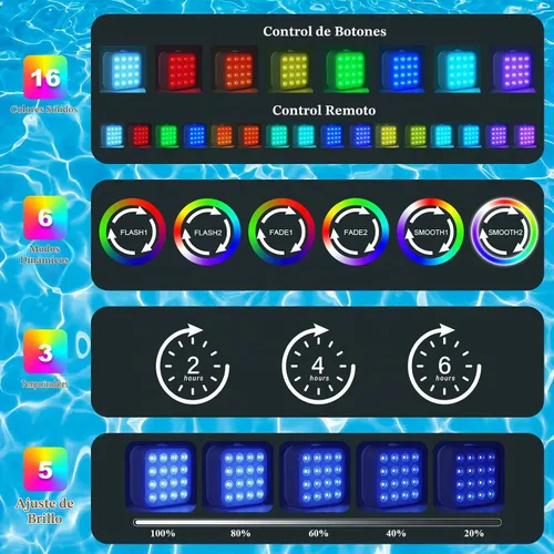 Vista 2 de Luces de piscina recargables con control remoto, 16 luces LED sumergibles con cambio de color, impermeables para piscina enterrada, estanques